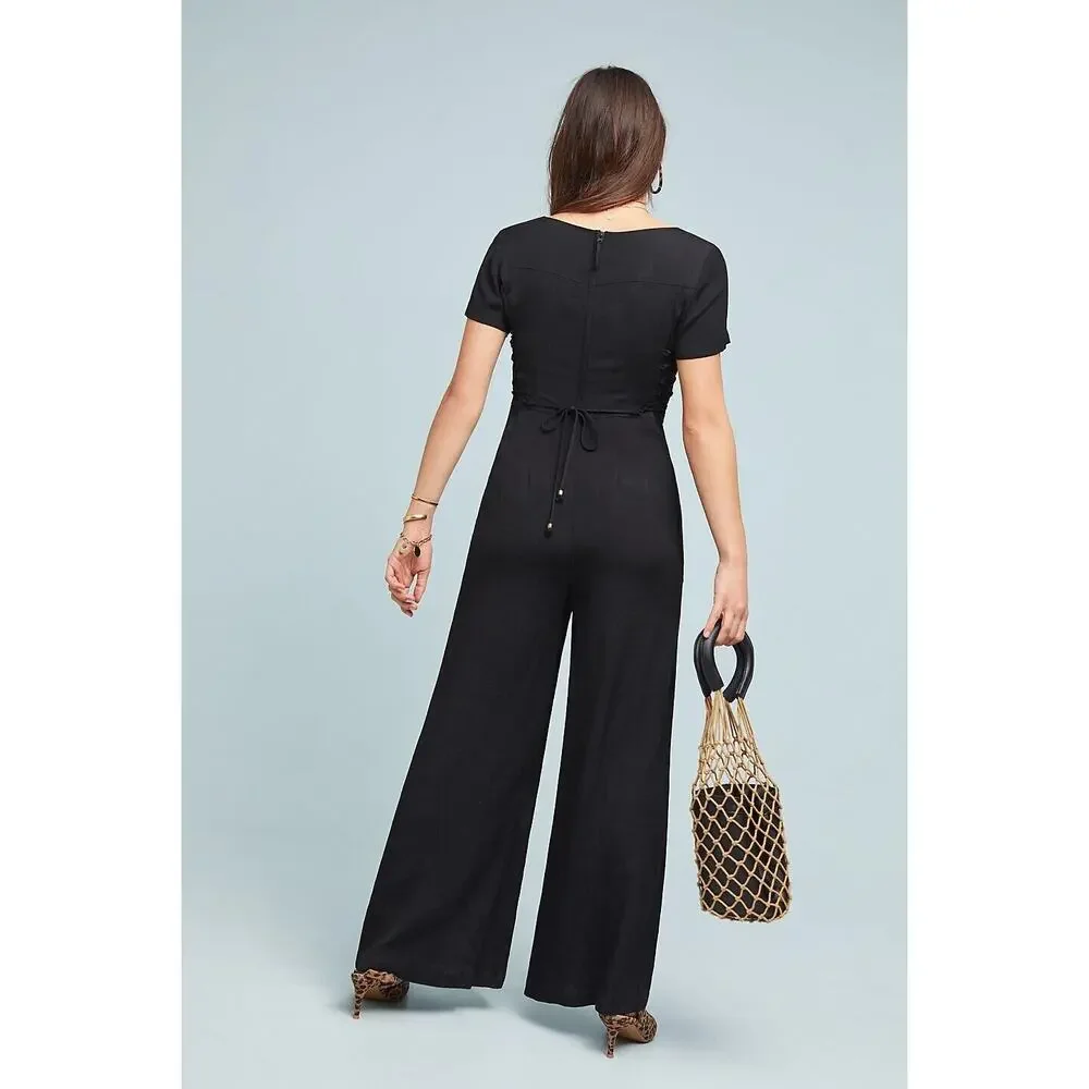 Maeve wide leg black jumpsuit lace up sides button front size 8 - Picture 9 of 10